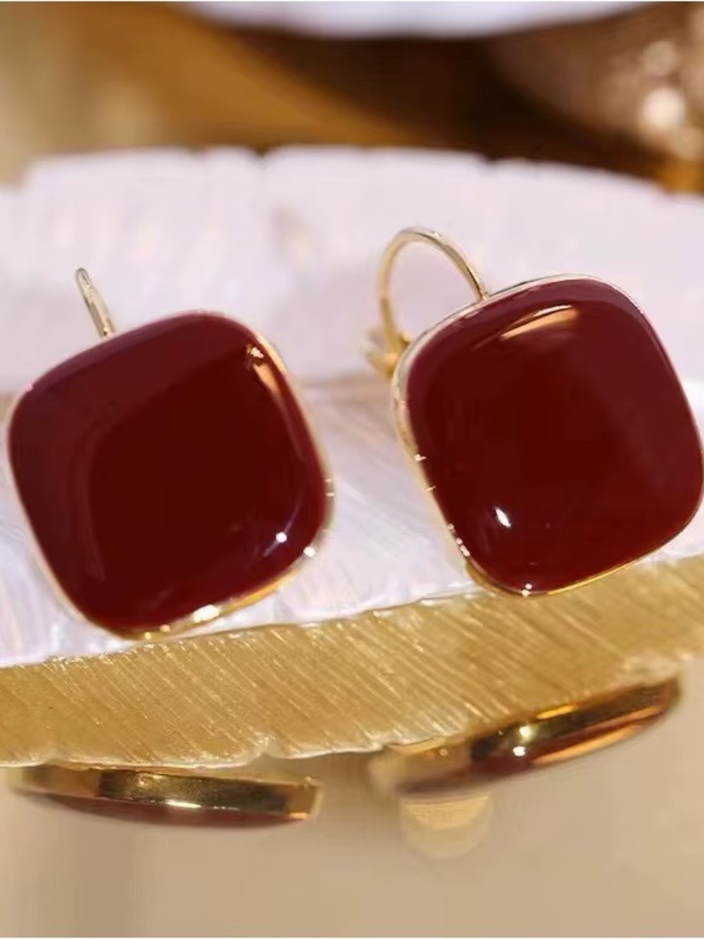 *** Delicate  Gold-Plated Red Square Drop Earrings - Elegant Women’s Jewelry